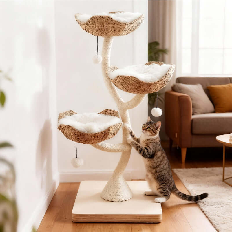 Cream Cat Climbing Frame with Woven Sisal Rope &amp; Plush Lounging Tower