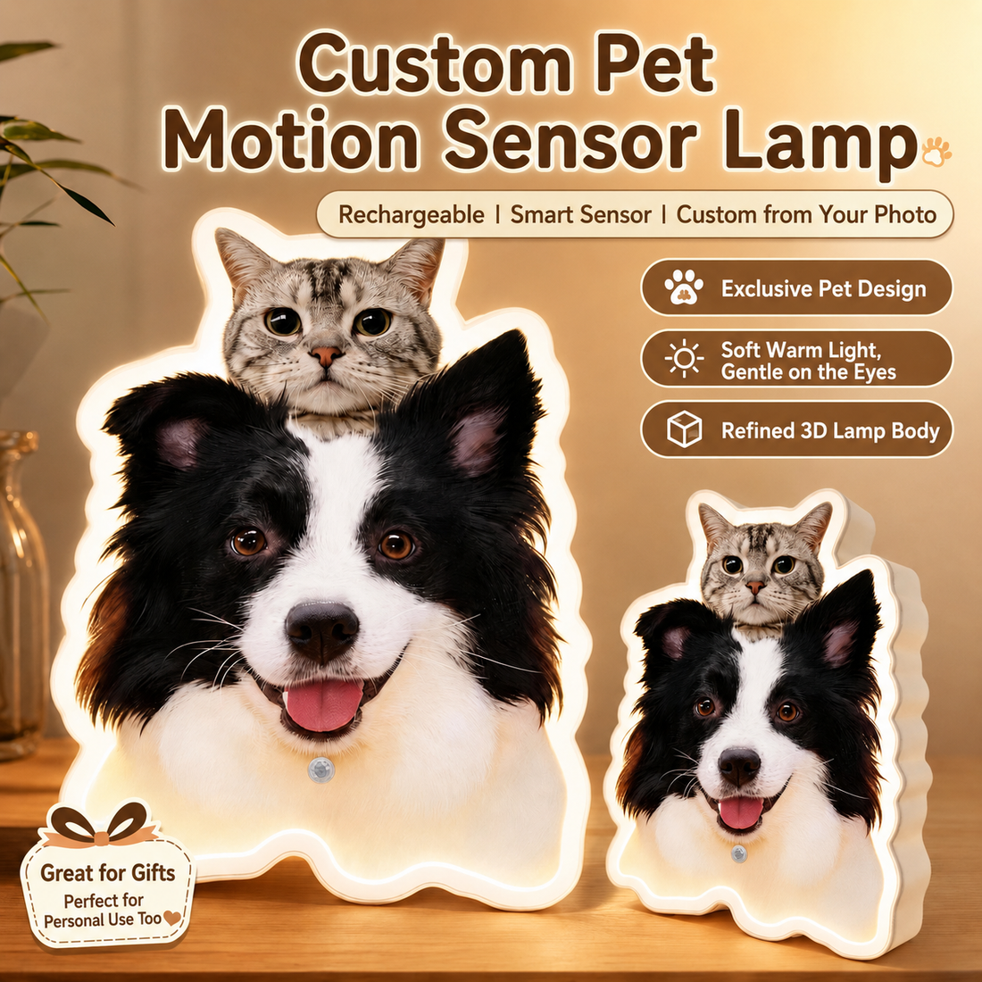 KindleKind Custom Pet Portrait Lamp — Creative Home Night Light with Motion Sensor (Wireless, No Wiring Required) — Ideal for Hallways and Nighttime Use