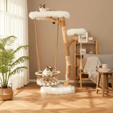 Cloud Series Solid Wood Cat Tower – Multi-Level Cat Tree with Hammock & Perches